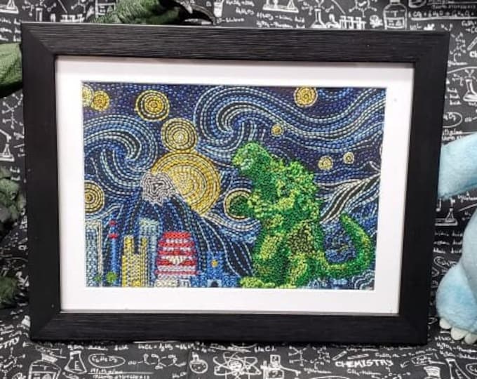 Starry Night Godzilla Framed Embroidery Art, Fully Embroidered Science Fiction Art, Popular Kaiju Movie Wall Piece, Nerdy Decor