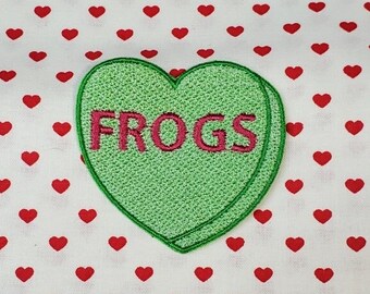 Frogs Candy Heart Patch, Valentine Emblem, Crude Candy Symbol, Fully Embroidered Heart Morale Patch