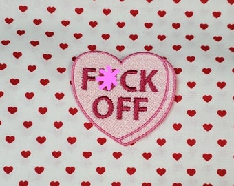 Fuck Off Candy Heart Patch, Valentine Emblem, Crude Candy Symbol, Fully Embroidered Heart Morale Patch