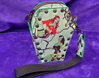 Zombie Pinup Coffin Wristlet bag, Zombie Core Purse, Riveted Vinyl Coffin Zipper Tote, Horror Classic