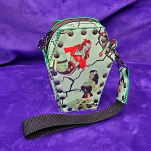 Zombie Pinup Coffin Wristlet bag, Zombie Core Purse, Riveted Vinyl Coffin Zipper Tote, Horror Classic
