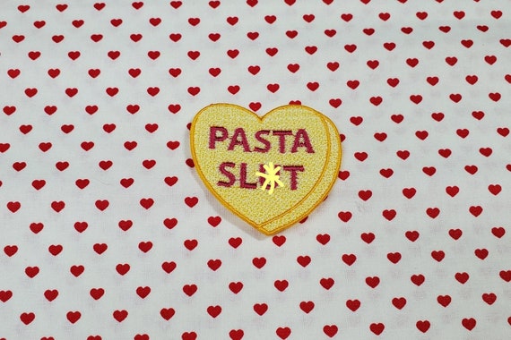 Pasta Sl*t Candy Heart Patch, Valentine Emblem, Crude Candy Symbol, Fully Embroidered Heart Morale Patch