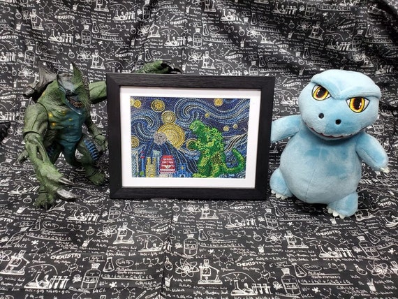 Starry Night Godzilla Framed Embroidery Art, Fully Embroidered Science Fiction Art, Popular Kaiju Movie Wall Piece, Nerdy Decor