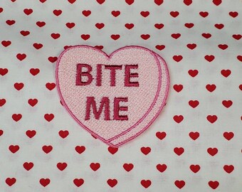 Bite Me Candy Heart Patch, Valentine Emblem, Crude Candy Symbol, Fully Embroidered Heart Morale Patch
