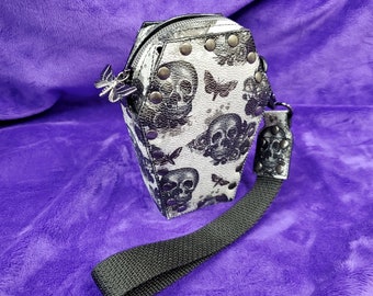 Floral Skull and Moth Coffin Wristlet bag, Gothic Purse, Riveted Vinyl Coffin Zipper Tote, Horror Classic