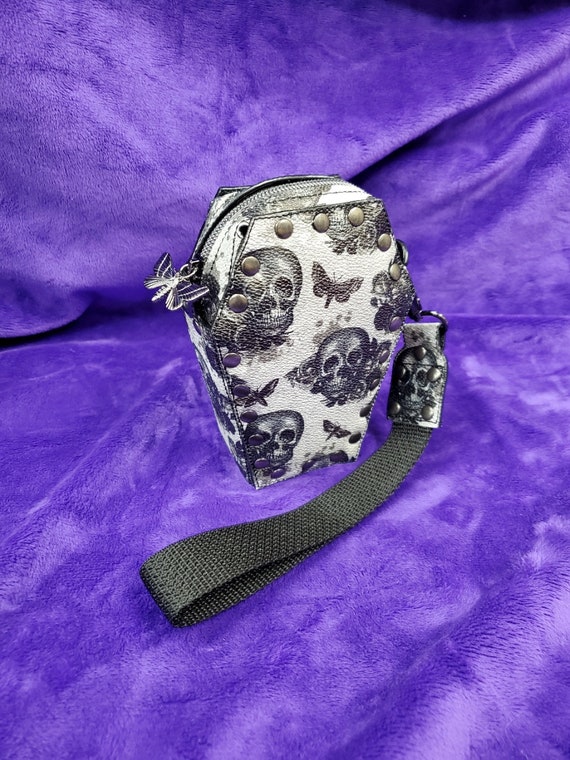 Floral Skull and Moth Coffin Wristlet bag, Gothic Purse, Riveted Vinyl Coffin Zipper Tote, Horror Classic
