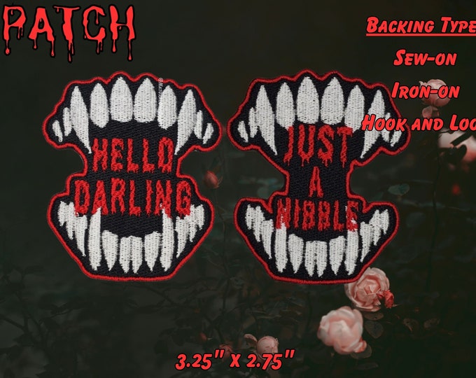 Astarion "Hello Darling" and "Just a Nibble" Vampire Bite Patches, Popular RPG NPC Patch, Fully Embroidered Video Game Morale Patch