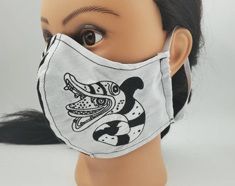 Sand Worm face mask with black and white stripes, Bug boy facemask double layer, head ties, elastic, filter pocket