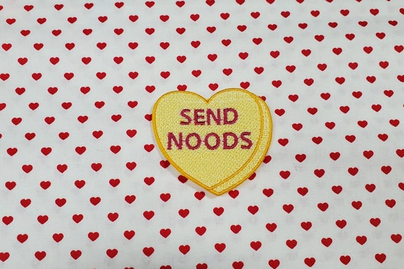 Send Noods  Candy Heart Patch, Valentine Emblem, Crude Candy Symbol, Fully Embroidered Heart Morale Patch