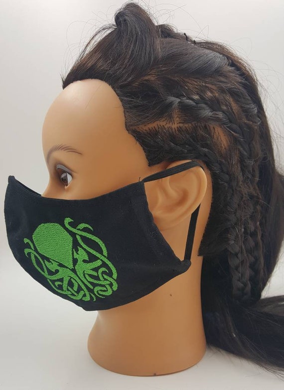 Cthulhu embroidery Face Mask adult, washable, reversible, elastic, head ties, filter pocket