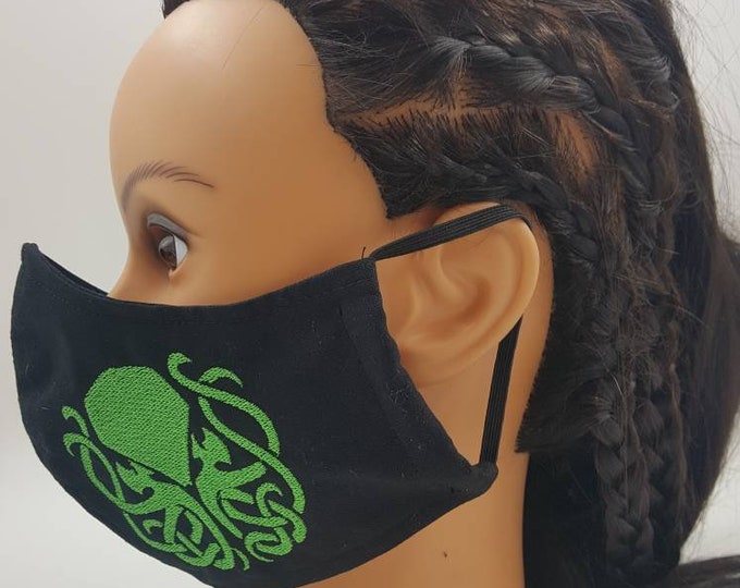 Cthulhu embroidery Face Mask adult, washable, reversible, elastic, head ties, filter pocket