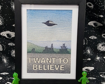 I Want to Believe Framed Embroidery Art, Fully Embroidered Science Fiction Art, Popular Sci-Fi Show Wall Piece, Nerdy Decor