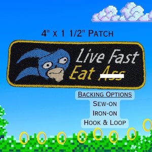 Cursed Sanic Live Fast Eat Ass Fully Embroidered Patch, Video Game Meme Emblem, Silly Gaming Symbol, Perfect for Battle Vests or Jackets