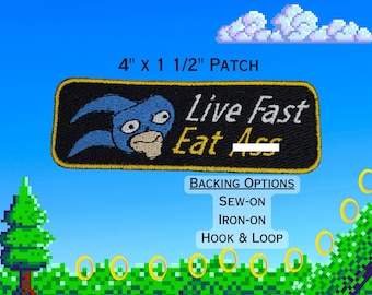 Cursed Sanic Live Fast Eat Ass Fully Embroidered Patch, Video Game Meme Emblem, Silly Gaming Symbol, Perfect for Battle Vests or Jackets
