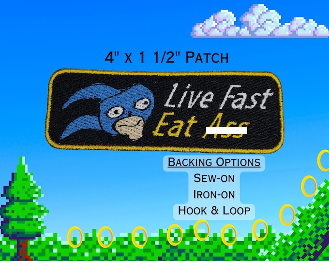 Cursed Sanic Live Fast Eat Ass Fully Embroidered Patch, Video Game Meme Emblem, Silly Gaming Symbol, Perfect for Battle Vests or Jackets