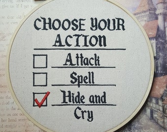 Hide and Cry Action Embroidered Art with Hoop, Dnd Wall Art, TTRPG Embroidery Hoop Art, Funny RPG Art, Gift for Nerd or Geek
