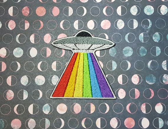 UFO Rainbow Patch Fully Embroidered with Glow in the Dark Border, Pride Space Invader Badge, Gay Alien Conspiracy, Perfect Gift for LGBTQ+