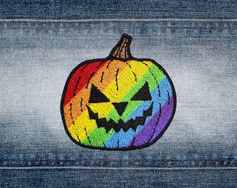 Rainbow JackOLantern Pumpkin | LGBTQ+ Pride Iron-On Dino Silhouette | Gay T-rex Embroidered Patch