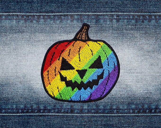 Rainbow JackOLantern Pumpkin | LGBTQ+ Pride Iron-On Dino Silhouette | Gay T-rex Embroidered Patch