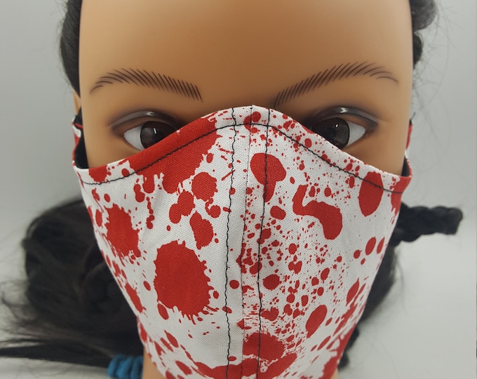 Blood Spatter Face Mask, double layered, elastic, head ties, filter pocket