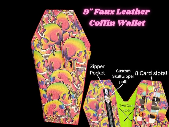 Neon Skulls Coffin Wallet, Gift for Goth, Raver accessories,