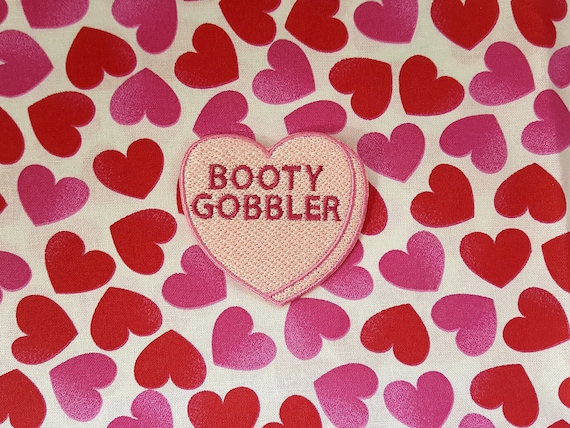 Booty Gobbler Candy Heart Patch, Valentine Emblem, Crude Candy Symbol, Fully Embroidered Heart Morale Patch