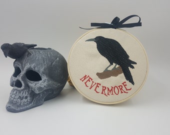 Nevermore Raven Embroidered Art with Hoop, Edgar Allan Poe Wall Art, Spooky Vintage Embroidery Hoop Art, Goth Framed Art Gift for Book Lover
