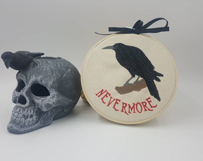 Nevermore Raven Embroidered Art with Hoop, Edgar Allan Poe Wall Art, Spooky Vintage Embroidery Hoop Art, Goth Framed Art Gift for Book Lover