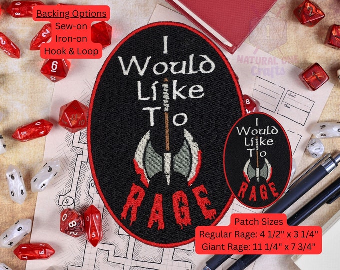 I Would Like to Rage CR-Inspired Fully Embroidered Patch, Giant Barbarian, Bloody Axe, Popular DnD Web Series, Perfect for Cosplay