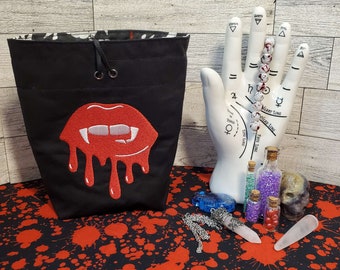 Embroidered Vampire Bite Dice Bag, Tarot Deck Purse, Horror Spell Card Sack, Dungeons and Dragons Dice Pouch, Gift for Vampire Lover