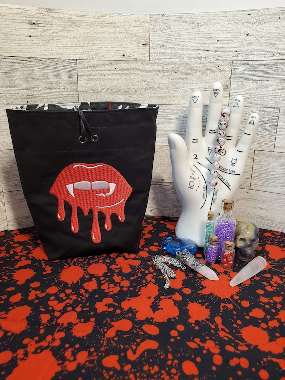 Embroidered Vampire Bite Dice Bag, Tarot Deck Purse, Horror Spell Card Sack, Dungeons and Dragons Dice Pouch, Gift for Vampire Lover