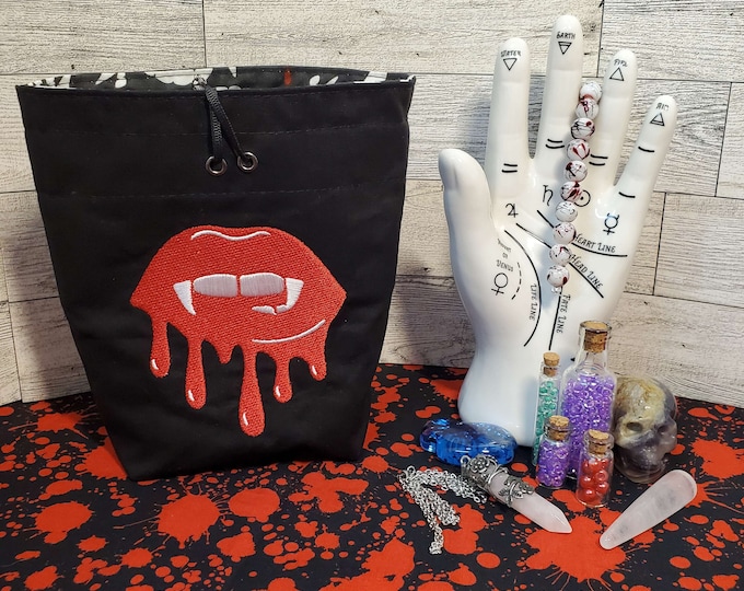 Embroidered Vampire Bite Dice Bag, Tarot Deck Purse, Horror Spell Card Sack, Dungeons and Dragons Dice Pouch, Gift for Vampire Lover