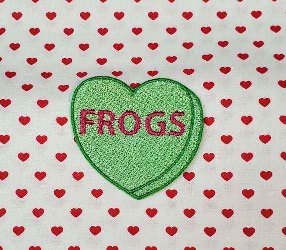 Frogs Candy Heart Patch, Valentine Emblem, Crude Candy Symbol, Fully Embroidered Heart Morale Patch