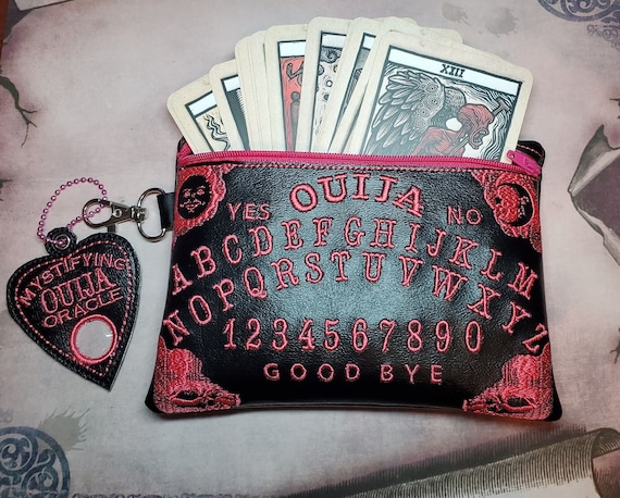 Ouija Board Clutch Embroidered Zipper Purse, Gothic Fortune Teller Bag, Great for Tarot Cards, Toiletries, Masks, Makeup, or Cellphone