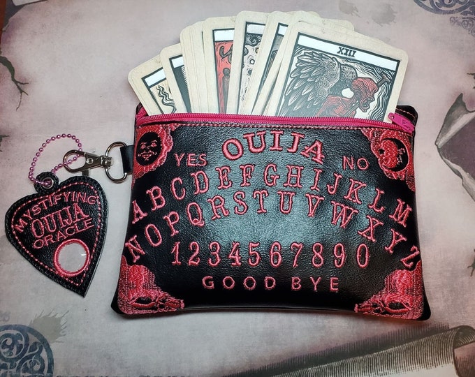 Ouija Board Clutch Embroidered Zipper Purse, Gothic Fortune Teller Bag, Great for Tarot Cards, Toiletries, Masks, Makeup, or Cellphone