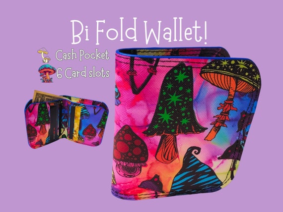 Psychedelic Mushroom Bifold Wallet, Vaporwave Billfold with Card Slots, Compact Cottagecore Wallet of Holding Made with Tough Faux-Leather