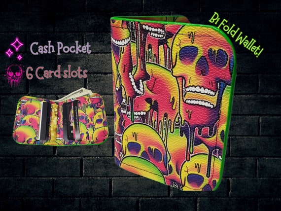 Neon Melting Skulls Bifold Wallet, Vaporwave Billfold with Card Slots, Compact Goth Wallet of Holding Made with Long-Lasting Faux-Leather