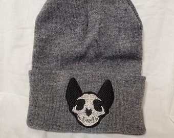 Cat Skull Beanie, Cryptid Fashion, Spooky Cute Hat, Halloween Knitted Cap, Warm and Comfortable Cat Skull Cap, Perfect Gift for Goth