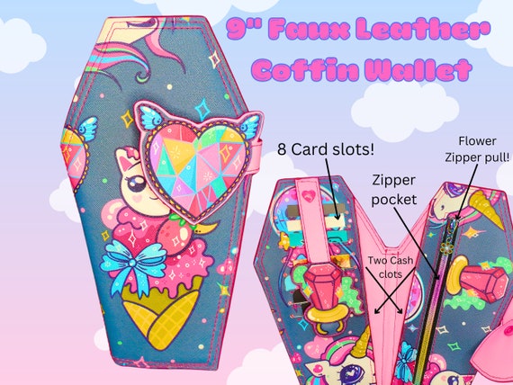 Kawaii Unicorn Kitten Coffin Wallet, Gift for Goth, Raver accessories, Lollipop ring