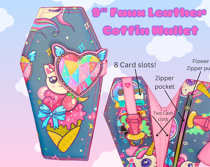 Kawaii Unicorn Kitten Coffin Wallet, Gift for Goth, Raver accessories, Lollipop ring