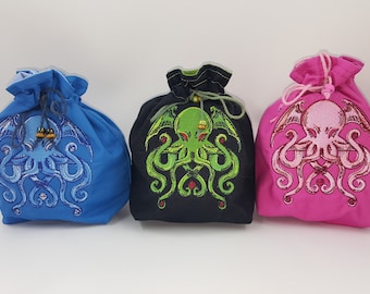Embroidered Cthulhu Dice Bag, Tarot Deck Purse, Eldritch Horror Spell Card Sack, Dungeons and Dragons Dice Pouch, Gift for Goblin