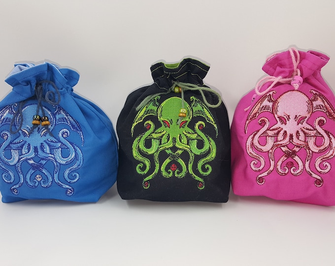 Embroidered Cthulhu Dice Bag, Tarot Deck Purse, Eldritch Horror Spell Card Sack, Dungeons and Dragons Dice Pouch, Gift for Goblin