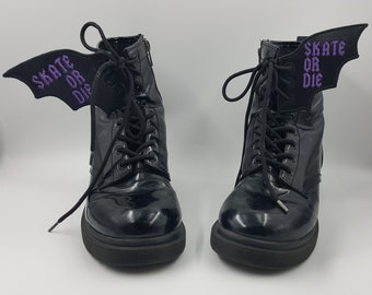 Skate or Die Black Bat Shoelace Wings, Kawaii Shoe Accessory, Embroidered Vinyl Boot Accent, Sneaker Lace Dragon Wings, Roller Skate Wings
