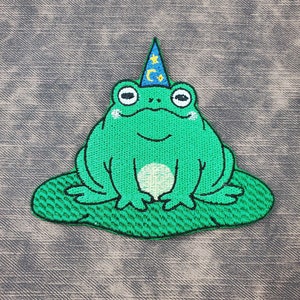 Könnte beinhalten: Grüner Frosch mit einem blauen Zauberhut mit gelben Sternen, der auf einem grünen Seerosenblatt sitzt.