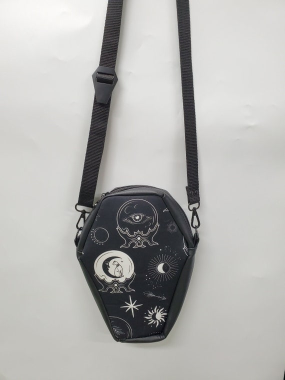 Crystal Ball coffin bag, Crossbody purse, Gothic Bag. Plus size strap, 60"  Strap,