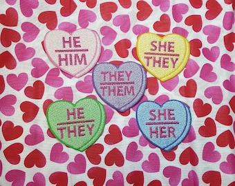 Pronoun Candy Heart Patch, Valentine Emblem, Crude Candy Symbol, Fully Embroidered Heart Morale Patch