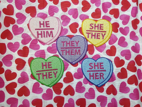Pronoun Candy Heart Patch, Valentine Emblem, Crude Candy Symbol, Fully Embroidered Heart Morale Patch