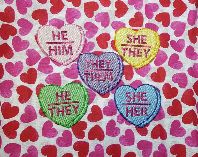 Pronoun Candy Heart Patch, Valentine Emblem, Crude Candy Symbol, Fully Embroidered Heart Morale Patch