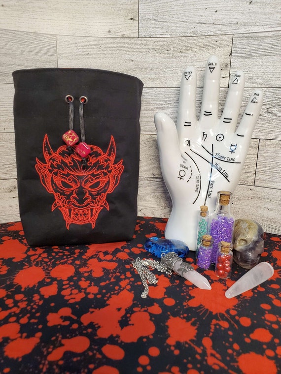 Embroidered Oni Mask Dice Bag, Tarot Deck Purse, Horror Spell Card Sack, Dungeons and Dragons Dice Pouch, Gift for Demon Lover