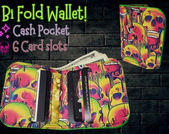 Neon Melting Skulls Bifold Wallet, Vaporwave Billfold with Card Slots, Compact Goth Wallet of Holding Made with Long-Lasting Faux-Leather